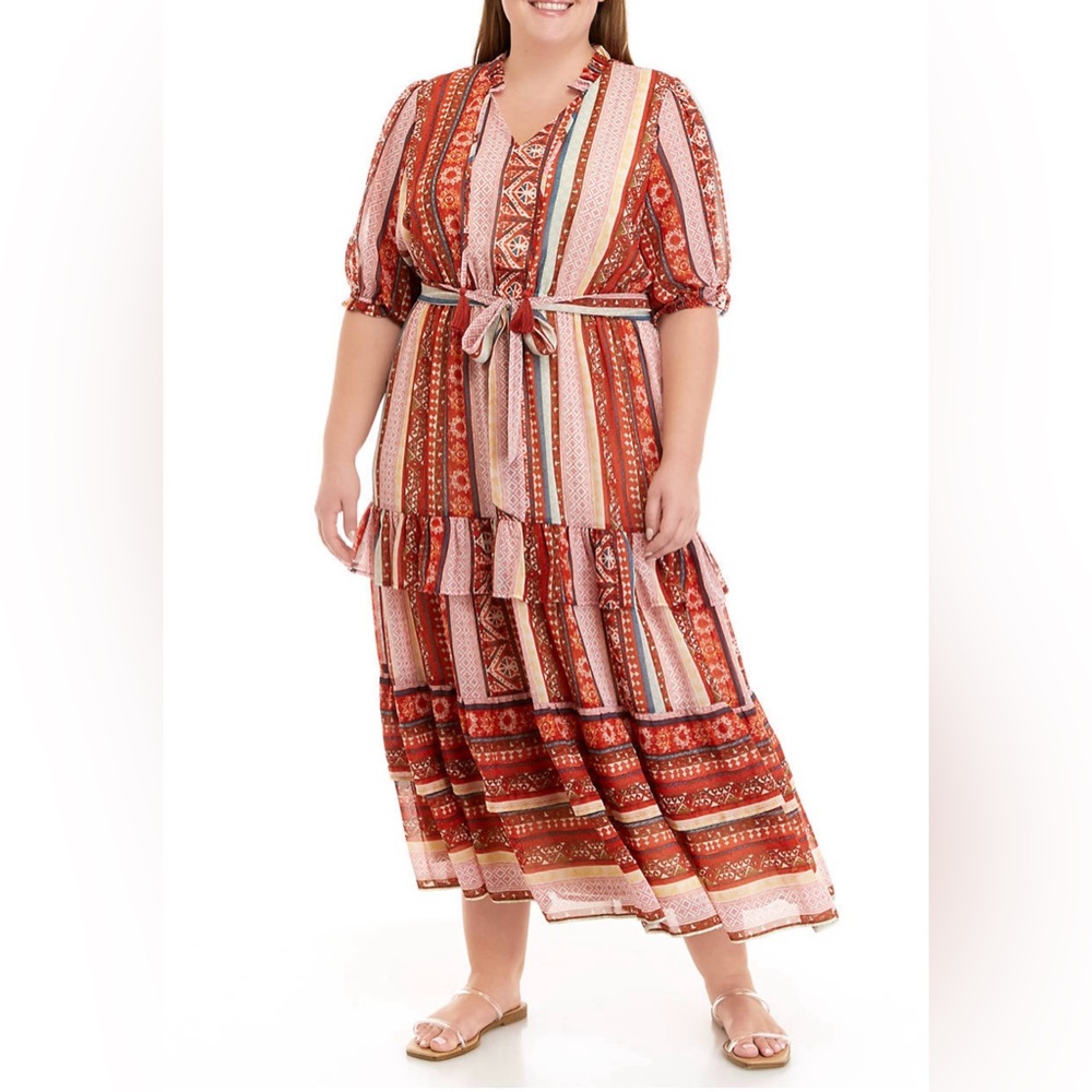 NWT Wonderly Plus Size Elbow Sleeve Tiered Yarn Dyed Dress  2x multicolor dress